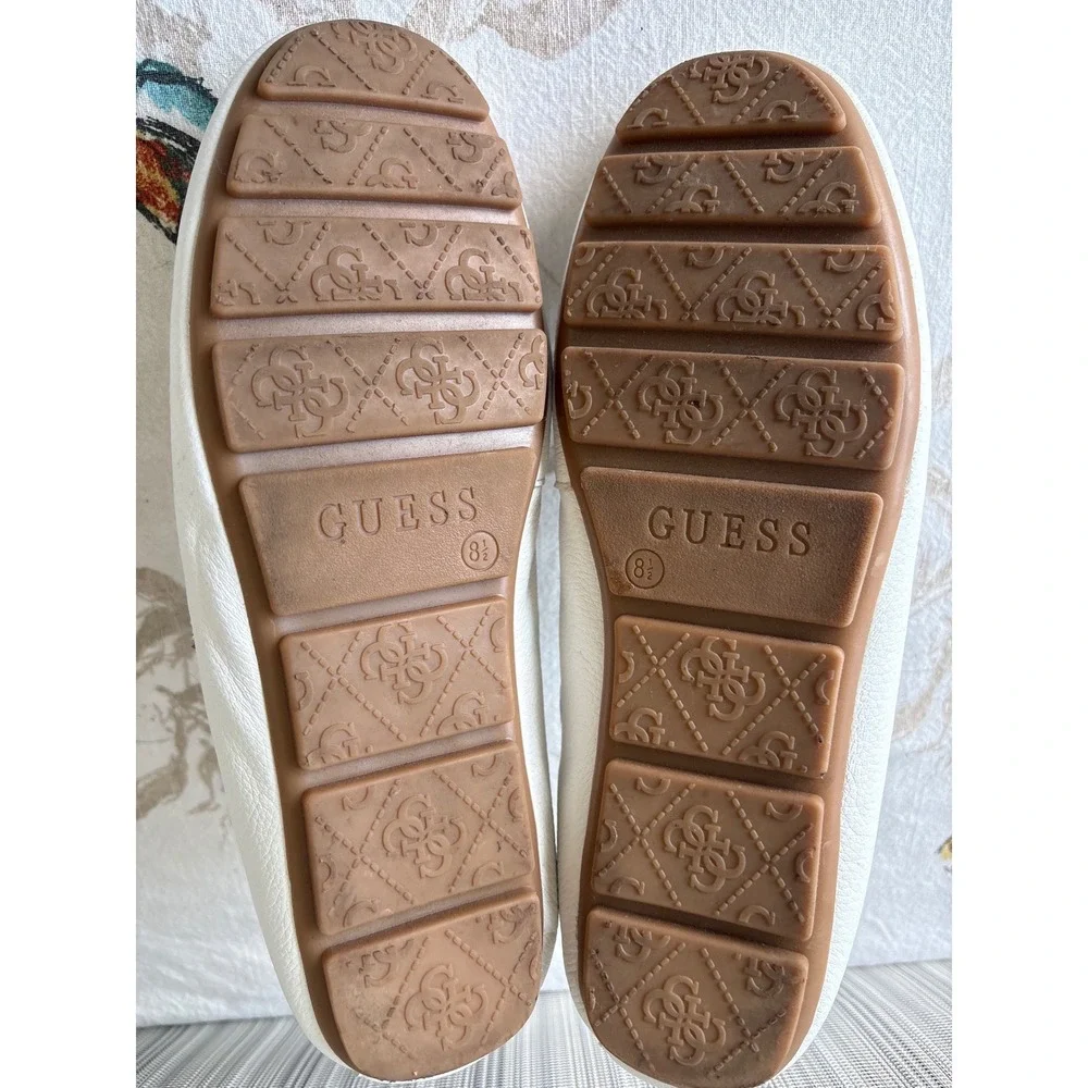Guess Lavonta2 White Leather Rhinestone Bow Driving Loafers 8.5M GWLAVONTA2